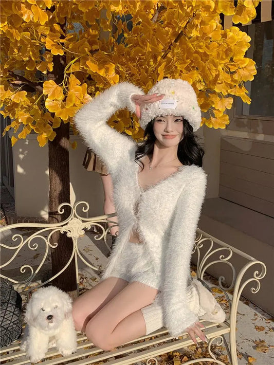 Sweet Hot Girl Pure Suit Autumn Knitted Cardigan High Waisted Slim Fit Shorts Twopiece Set Female Clothes