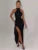 Sparkle Thigh High Split Maxi Dress Gown Black Half High Collar Sleeveless Backless Bodycon Long Dress
