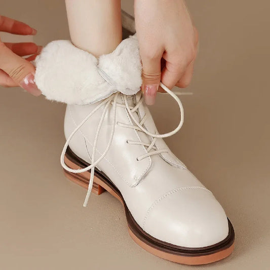 Autumn Winter Ankle Boots Office Genuine Leather Wool Low Heels Comfortable Shoes Woman
