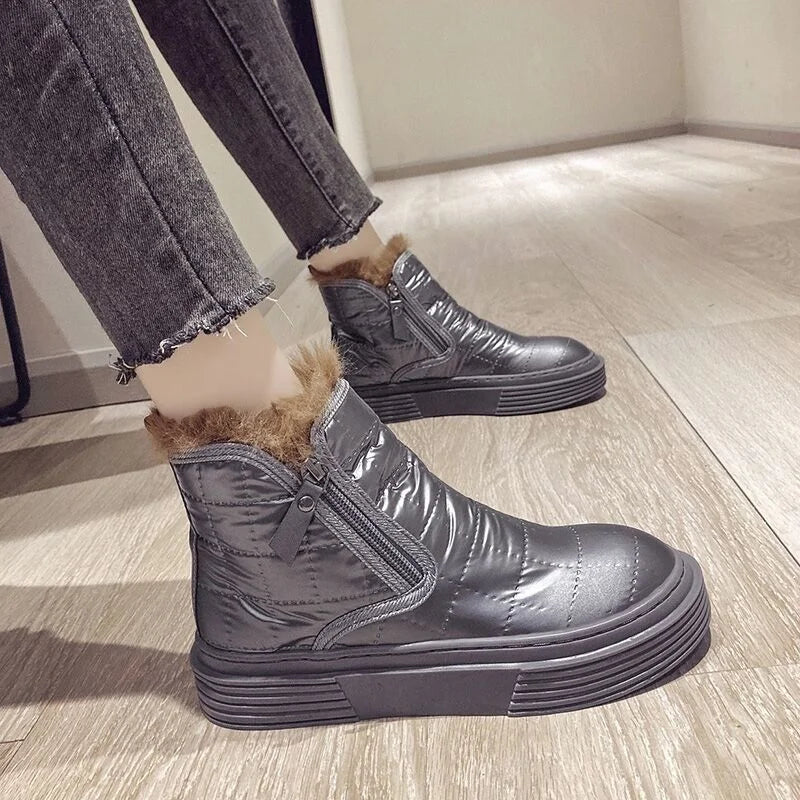 Waterproof Booties Snow Boots Boot Short Barrel Flat Shoes for Hot Silver Warm Low Shoe Winter Elastic Furry