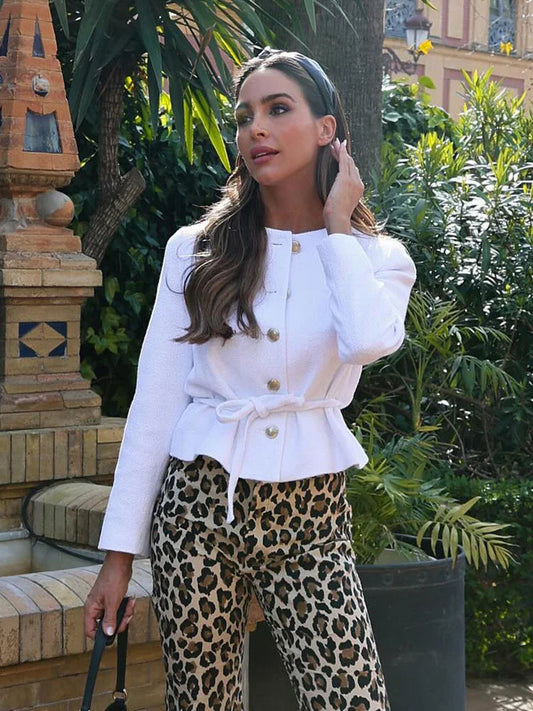 Spring Blazers White Oneck Long Sleeves Laceup Decoration Single Breasted Jacket Female Coat