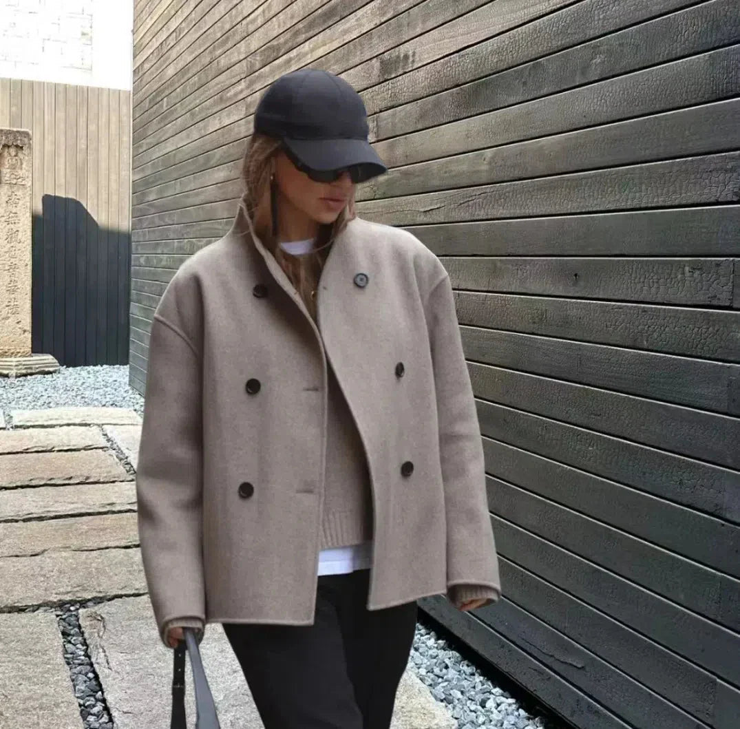 Wool Coats Loose Double Breasted Stand Collar Short Jacket Fall Winter Coat Female Commute Outerwear