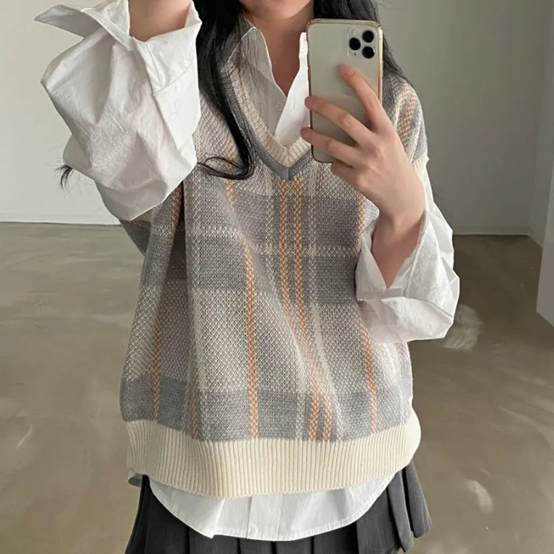 Autumn Winter Female Korean Loose Sweater Vest Office-lady V-neck Jumpers Pullover Knitted Tops Pull Femme Fc8533