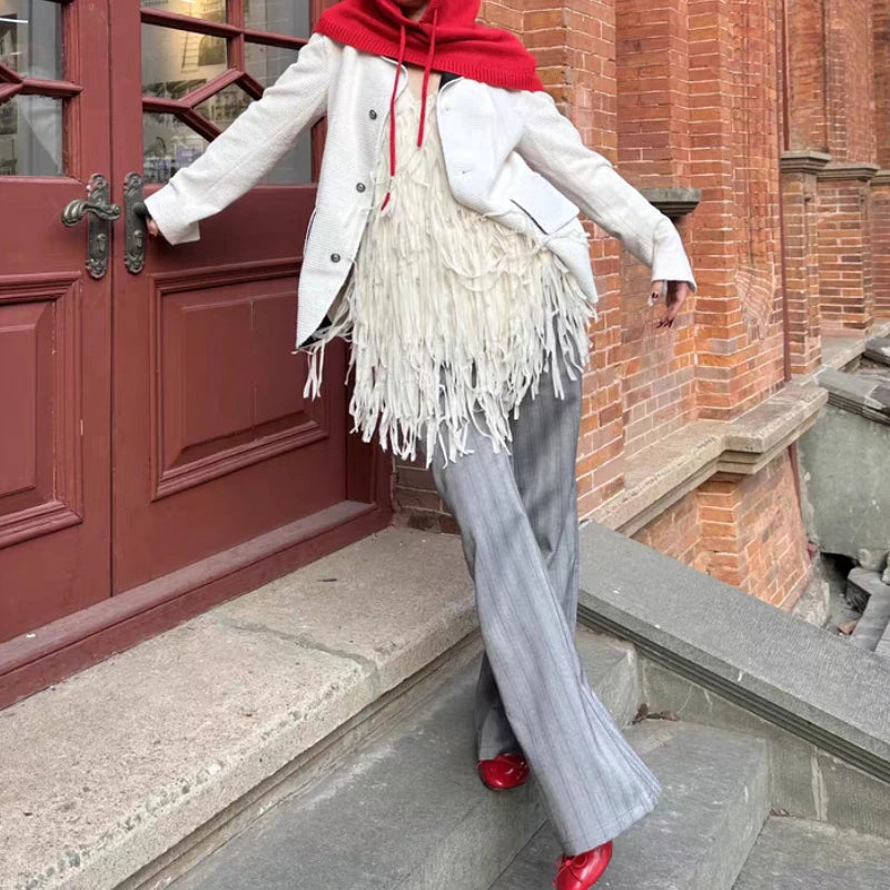 Korean Retro Contrast Color Patchwork Pants Spring New High Waist Laceup All Match Striped Wide Leg Pants