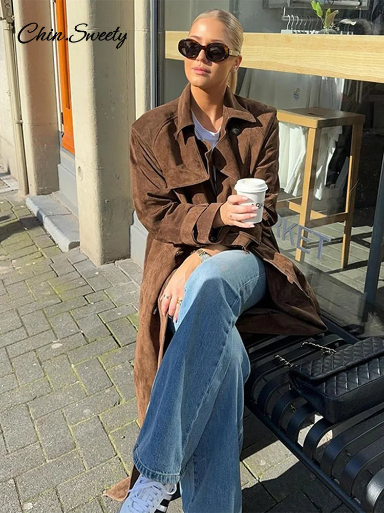 Suede Long Trench Coat Belt Double Breasted Full Sleeve Brown Windbreaker Autumn Lady Street Outwears New