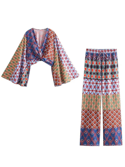 2 Piece Set Vneck Wide Long Sleeves Printed Crop Top Female Elastic High Waist Loose Pants