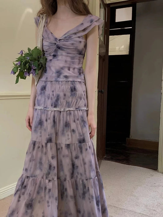 Summer 2 Piece Skirt Sets Sleeveless Blouse + Print Midi Skirt French Evening Party Suits