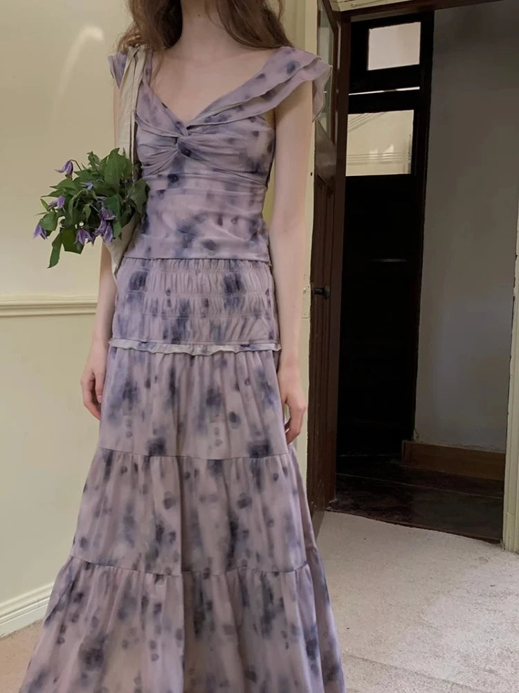 Summer 2 Piece Skirt Sets Sleeveless Blouse + Print Midi Skirt French Evening Party Suits