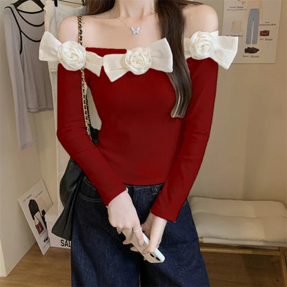 Sweet Hot Girl Off Neck Longsleeved Sweater Autumn Threedimensional Flower Knitted Sweater Female Clothes