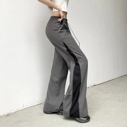 Split Zipper Drawstring Contrast Pants Harajuku Wide Legs Streetpants Autumn High Waist Straight Pants