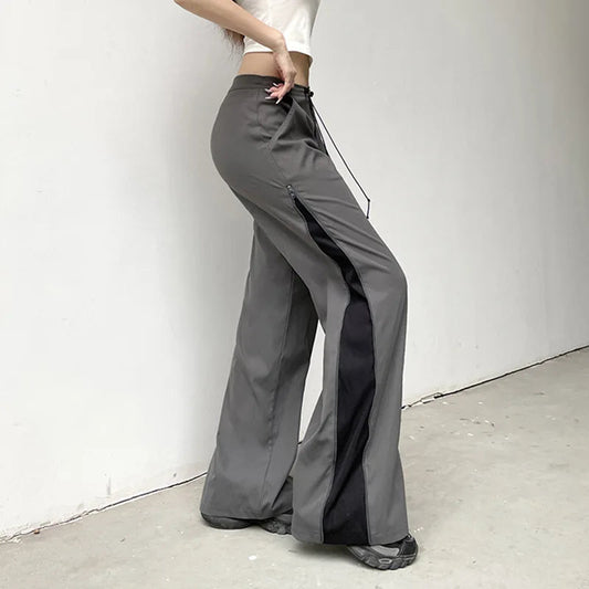 Split Zipper Drawstring Contrast Pants Harajuku Wide Legs Streetpants Autumn High Waist Straight Pants