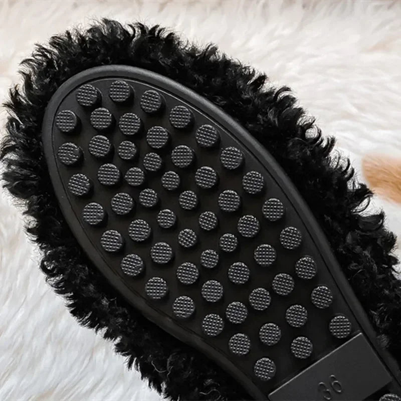Plush Warm Flat Shoes for Winter Bow Design Nonslip Soft Bottom Ballet Shoes Low Heel Padded Mules