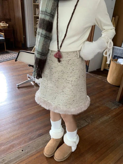 High End Sweet Temperament Loose Bow Cloak Coat New Winter Clothes Short Skirt Set Plush Splicing Two Piece Sets Outfits