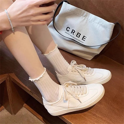 Spring New Versatile Breathable Shoes Classic Color Round Toe Soft Leather White Flat Sneakers