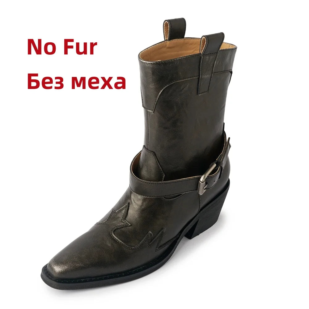 Ankle Boots Genuine Leather Chunky High Heels Shoes for Winter Western Cowboy Short Boots Shoes Woman