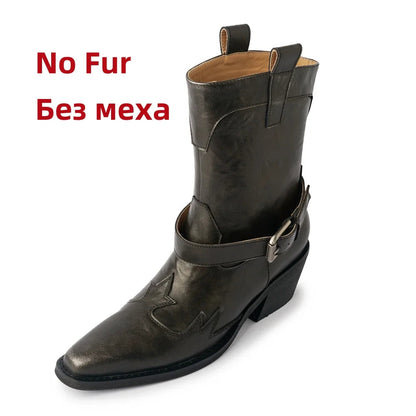 Ankle Boots Genuine Leather Chunky High Heels Shoes for Winter Western Cowboy Short Boots Shoes Woman
