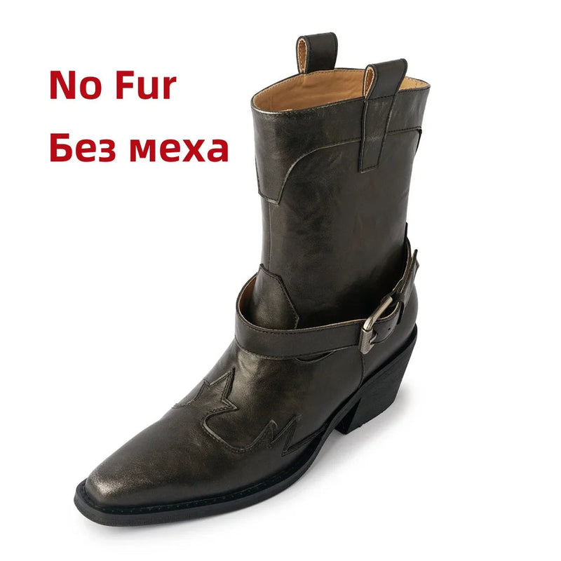 Ankle Boots Genuine Leather Chunky High Heels Shoes for Winter Western Cowboy Short Boots Shoes Woman