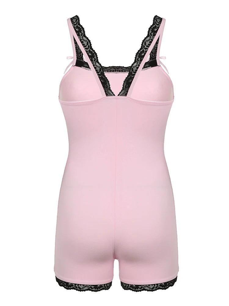 Contrast Lace Patchwork Square Collar Skinny Straps Rompers Playsuits Sweet Y2k Clothing