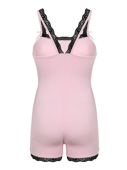 Contrast Lace Patchwork Square Collar Skinny Straps Rompers Playsuits Sweet Y2k Clothing