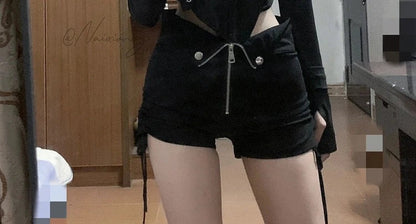 Spring New Slim Fit Black Long Sleeve Zipper Tops + High Waist Drawstring Shorts Y2k Egirl Two Piece Sets