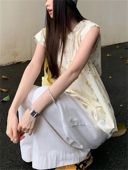 Flowers Sweet Blouses Cotton Printed Vacation Gentle Slim New Office Lady Summer Blusas