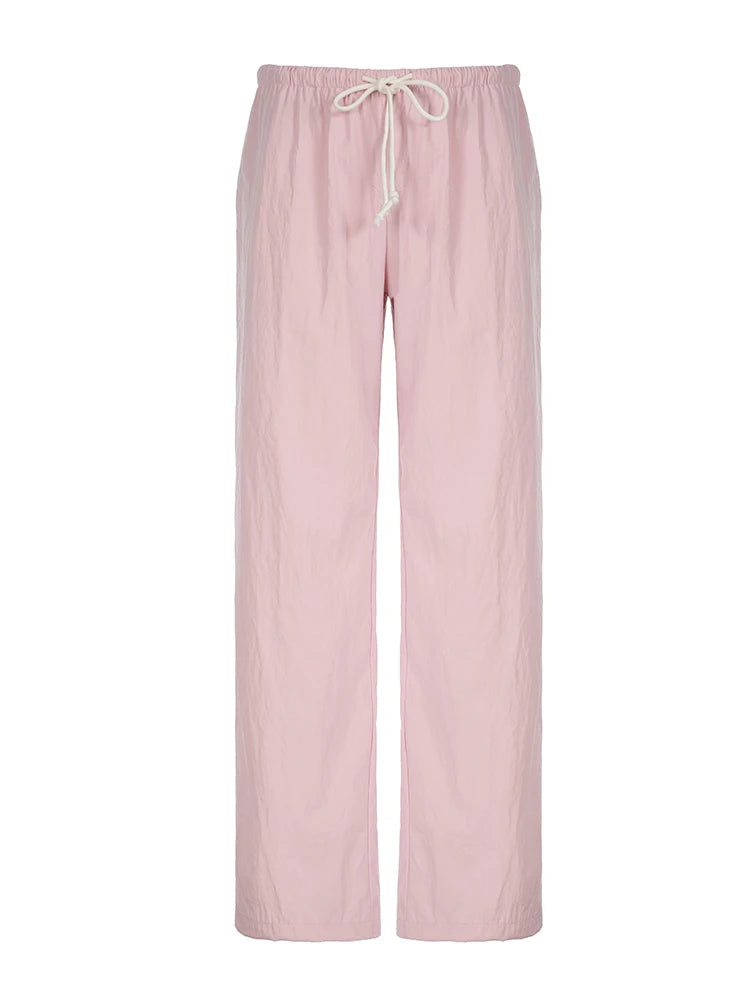 Pink Loose Woven Straight Leg Pants Drawstring Low Waist Y2k Baggy Jogging Trousers