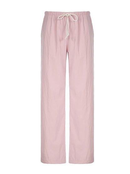 Pink Loose Woven Straight Leg Pants Drawstring Low Waist Y2k Baggy Jogging Trousers