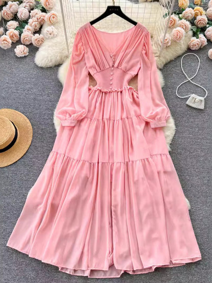 Chiffon Long Dress V-neck Long Sleeved Dresses French Pleated Slim A-line Long Robe Vestidos