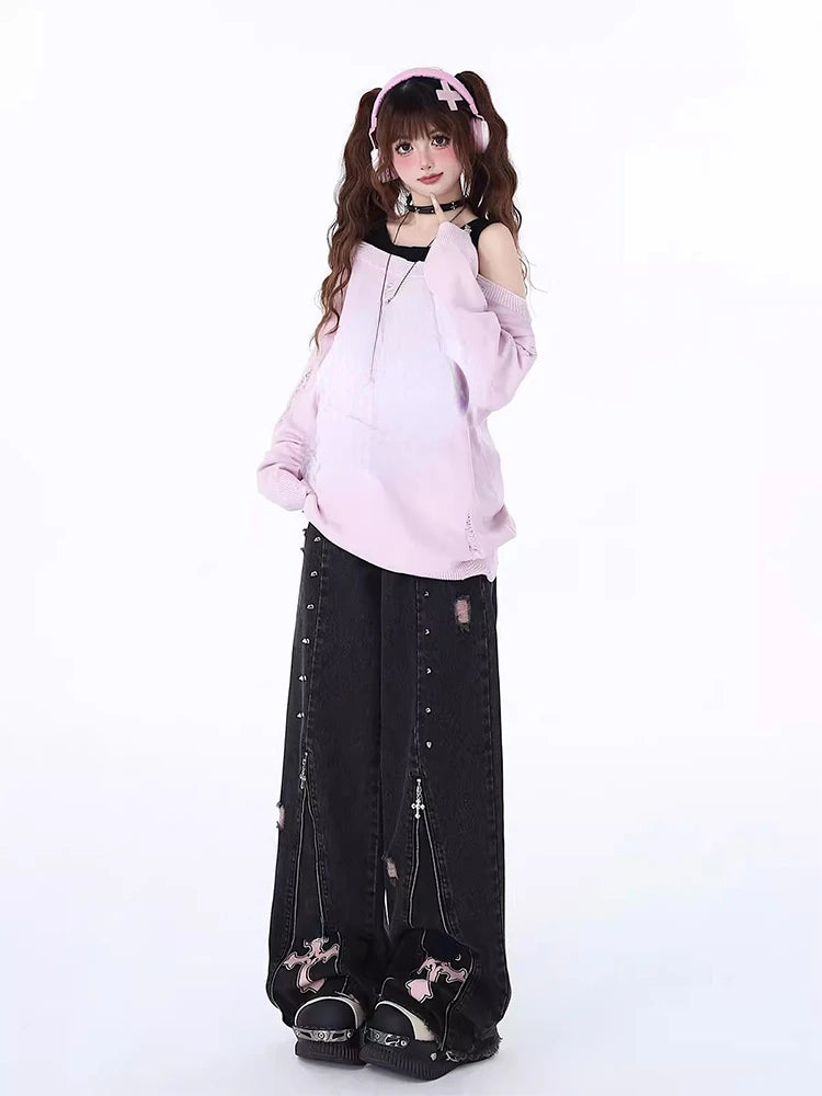 Black Gothic Baggy Jeans High Waist Cowboy Pants Harajuku Denim Trousers Aesthetic Y2k Emo Trashy 2000s Clothes