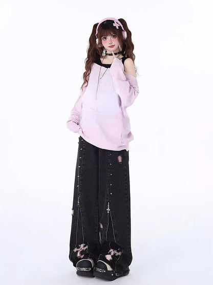 Black Gothic Baggy Jeans High Waist Cowboy Pants Harajuku Denim Trousers Aesthetic Y2k Emo Trashy 2000s Clothes