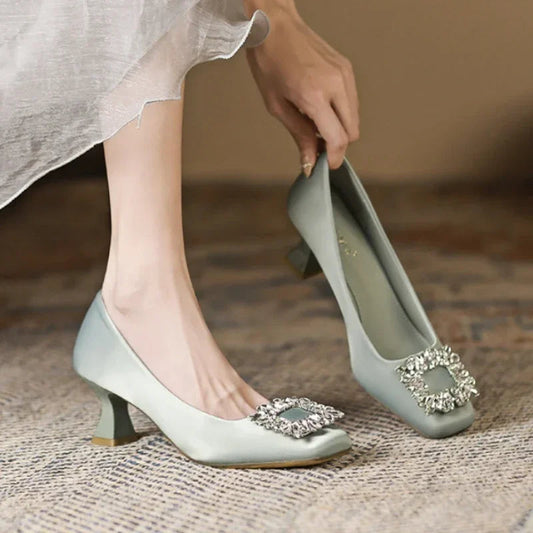 Rhinestone Satin Pumps Square Button Low Heel Office Shoes Crystal High Heels Dress Shoes