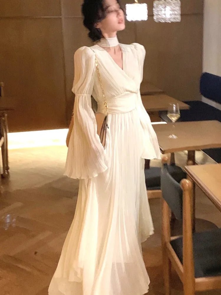 French Ruffle Irregular Long Dresses Fairy Pleated Party Evening One Piece Dress Korean Female Clothings