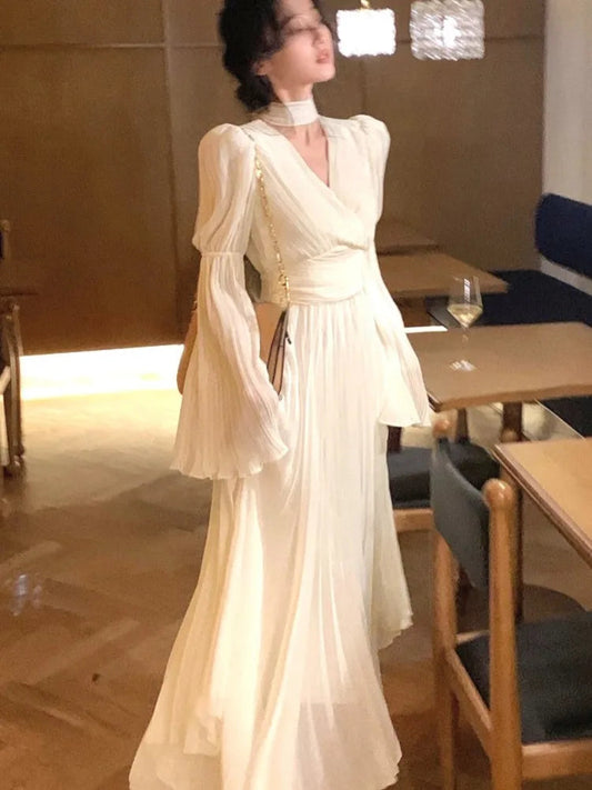 French Ruffle Irregular Long Dresses Fairy Pleated Party Evening One Piece Dress Korean Female Clothings