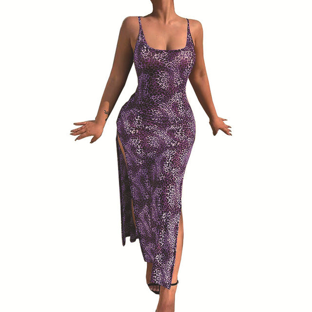 Leopard Print Slim Long Dresses Low Cut Backless Package Hip Bodycon Slit Dress Female Summer New