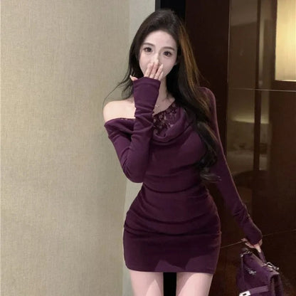 Mini Dresses Lace Patchwork Sweet Slim Long Sleeve Ruched Off Shoulder Spring Party Dress