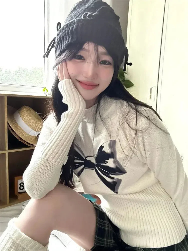 White Bow Graphic Sweater Half High Collar Kawaii Long Sleeve Knitwear Skinny Y2k Aesthetics Autumn Winter Clothes