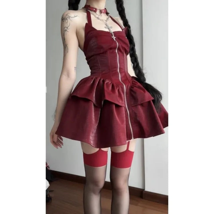 Sweet Hoodie Long Sleeve Coat + Y2k Slim Waist Halter Ruched Vest Dresses Autumn New Two Piece Sets
