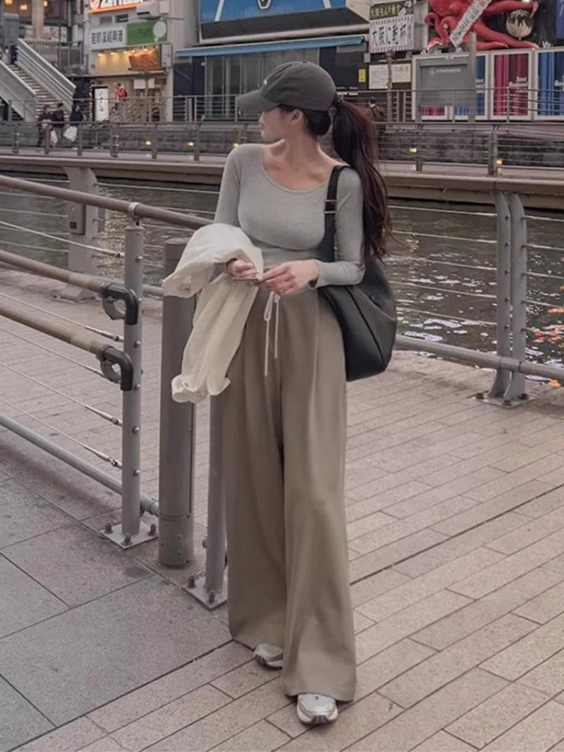 French Niche Lace Slimming Wide Leg Spring New Versatile High Waisted Loose Floor Length Pants