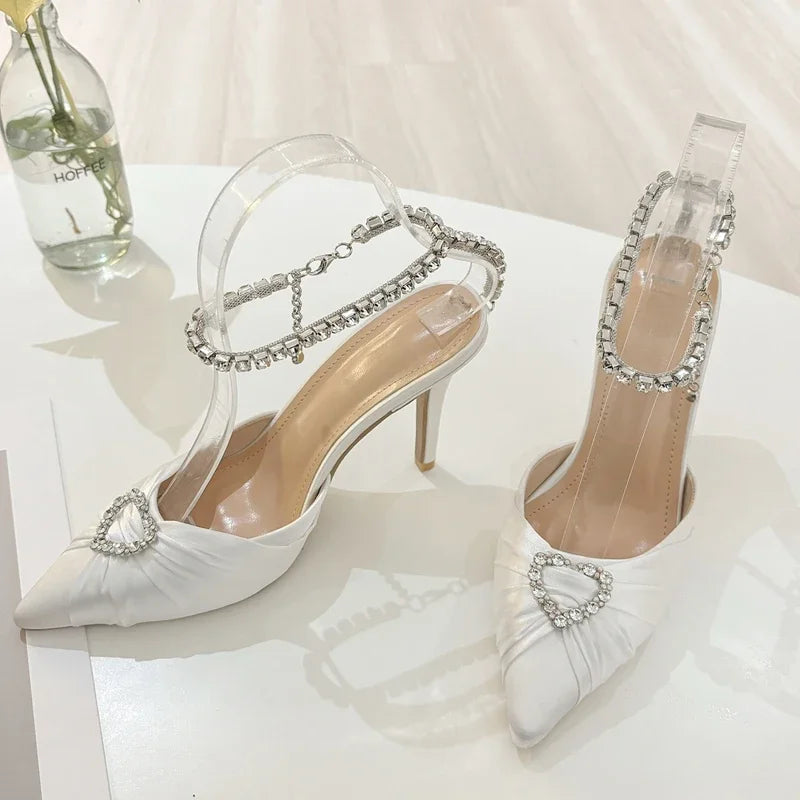 Crystal Buckle Strap Pointed Toe Pumps Prom Thin Heels Sandals Mule Party Shoes