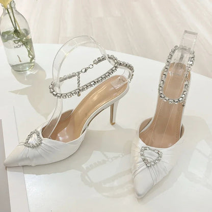 Crystal Buckle Strap Pointed Toe Pumps Prom Thin Heels Sandals Mule Party Shoes