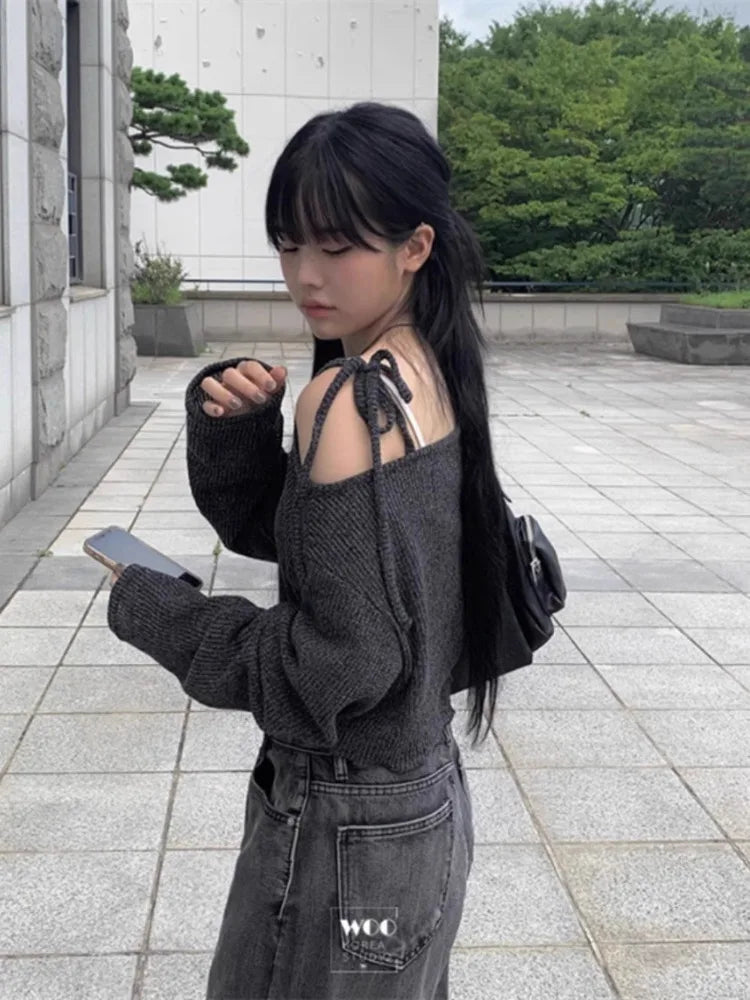 Simple Lace Up Knitted Pullover Spring Autumn New Long Sleeve Sweaters Mujer Off Shoulder Tops