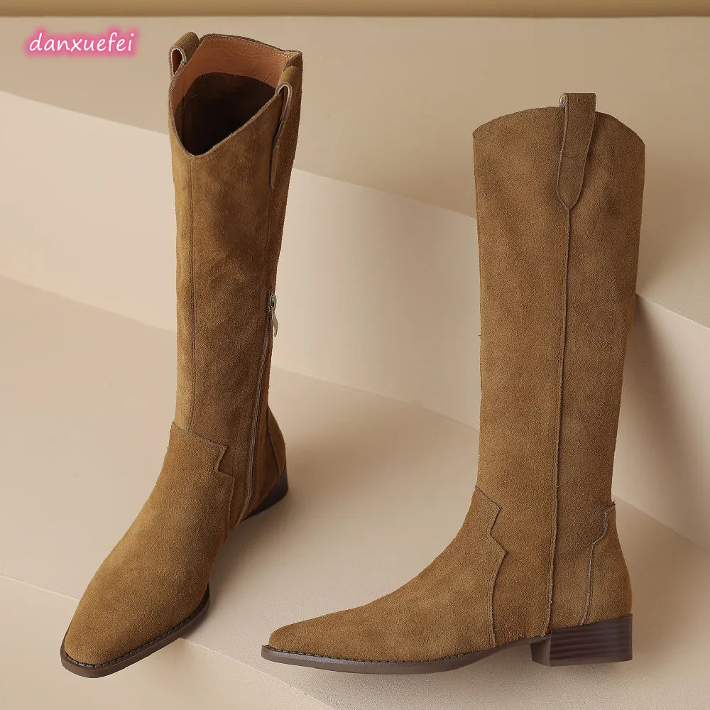 Natural Suede Leather Square Toe Side Zip Autumn Knee High Western Boots Female Long Boots Shoes