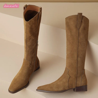 Natural Suede Leather Square Toe Side Zip Autumn Knee High Western Boots Female Long Boots Shoes