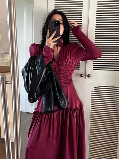 Autumn Satin Midi Dresses for Long Sleeve V-neck Folds Design A-line Korean Office Lady One Piece Vestidos New