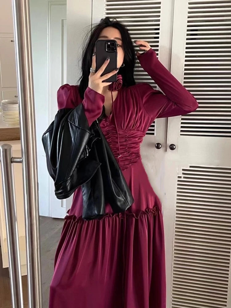 Autumn Satin Midi Dresses for Long Sleeve V-neck Folds Design A-line Korean Office Lady One Piece Vestidos New