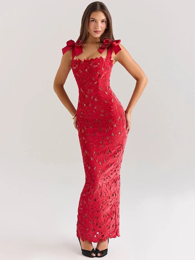 Bows Lace Maxi Dress for Sleeveless Backless Bodycon New Year’s Birthday Club Party Long Dress
