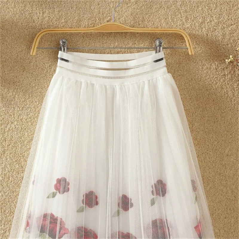 Elastic High Waist Midlong Aline Pleated Skirts New Summer Rose Embroidery Mesh Skirt