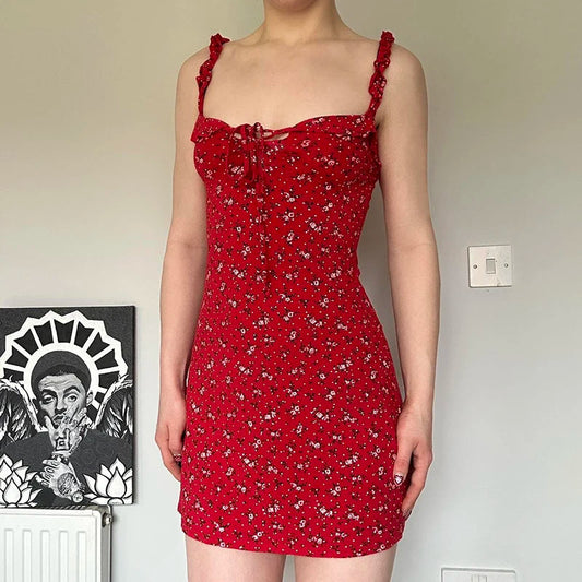 Print Sleeveless Mini Dress Red Fairycore Aline Sundress for Holiday Party Outfits Y2k Robe