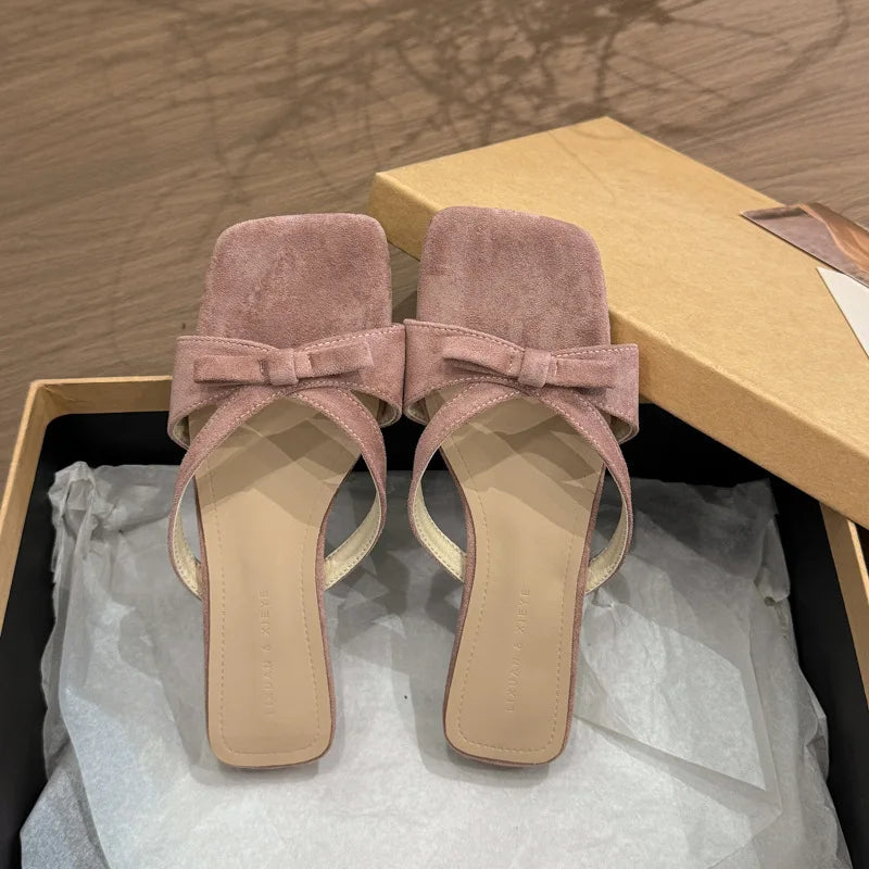 Summer Beach Vacation Slippers Open Toe Low Heel Slide Butterflyknot Dress Shoes