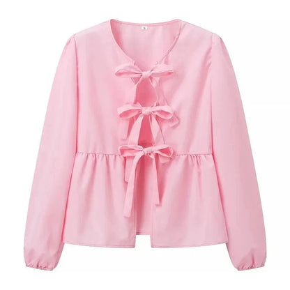 Summer Woman Bow Tied Lace Up Shirts Puff Short Sleeves Blouse Oneck Ruffle Color Tops